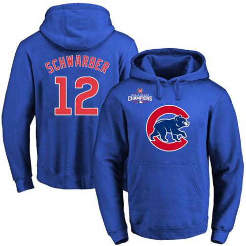 Cubs #12 Kyle Schwarber Blue 2016 World Series Champions Primary Logo Pullover MLB Hoodie