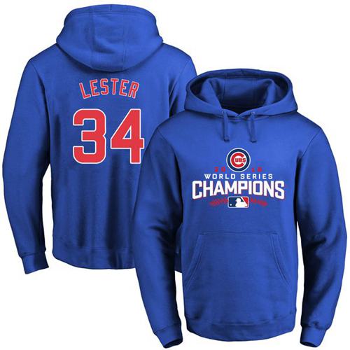 Cubs #34 Jon Lester Blue 2016 World Series Champions Pullover MLB Hoodie