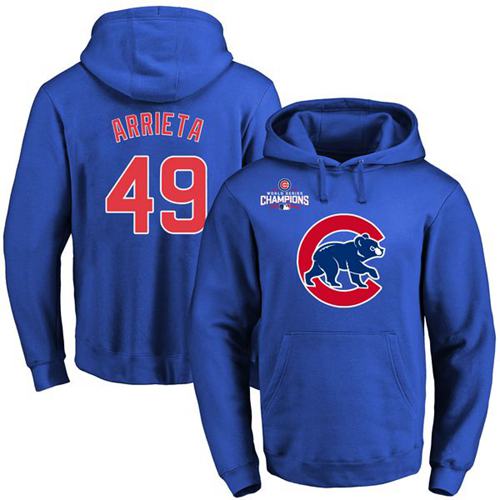 Cubs #49 Jake Arrieta Blue 2016 World Series Champions Primary Logo Pullover MLB Hoodie