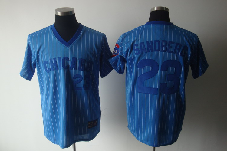 Cubs #23 Ryne Sandberg Blue White Strip Stitched Cooperstown Throwback MLB Jersey