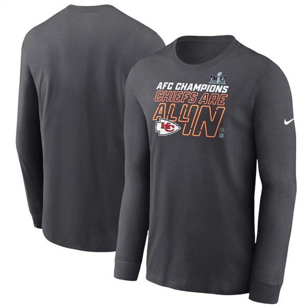 Men's Kansas City Chiefs Anthracite 2023 AFC Champions Locker Room Trophy Collection Long Sleeve T-Shirt
