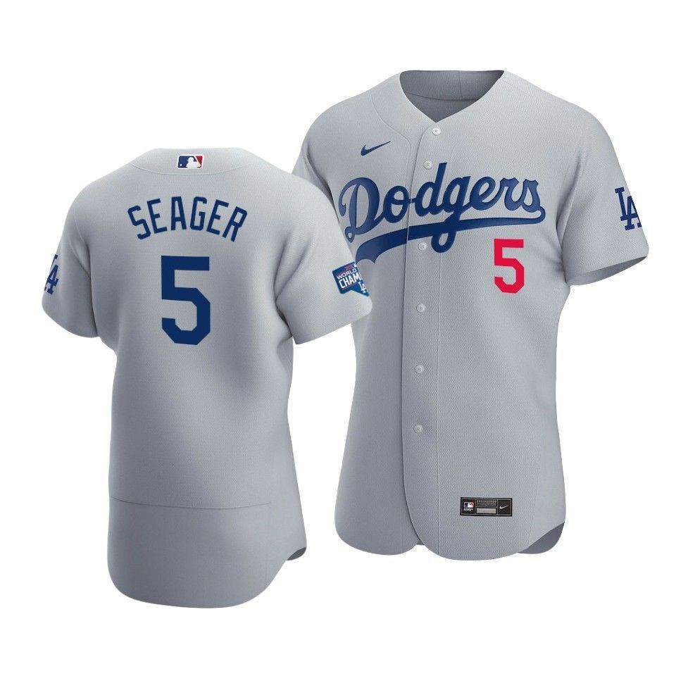 Men's Los Angeles Dodgers #5 Corey Seager Grey 2020 World Series Champions Home Patch Stitched MLB Jersey