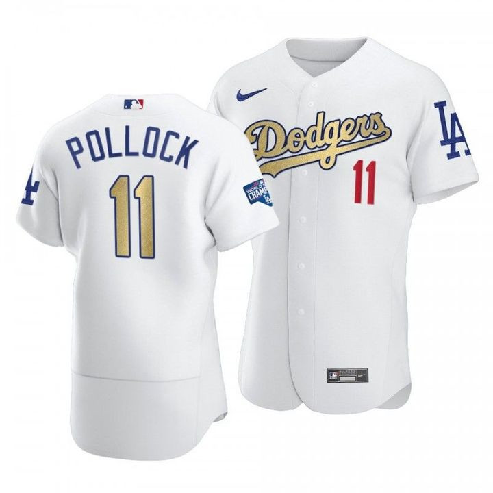 Men's Los Angeles Dodgers #11 A.J. Pollock White Gold Championship Flex Base Stitched baseball Jersey