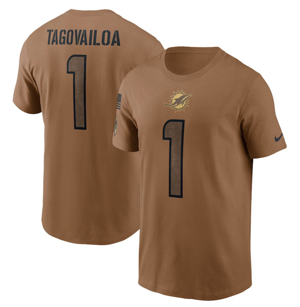Men's Miami Dolphins #1 Tua Tagovailoa 2023 Brown Salute To Service Name & Number T-Shirt