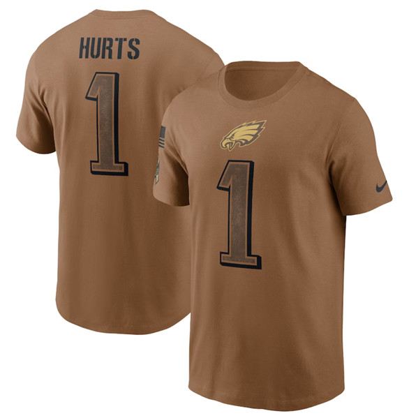 Men's Philadelphia Eagles #1 Jalen Hurts 2023 Brown Salute To Service Name & Number T-Shirt