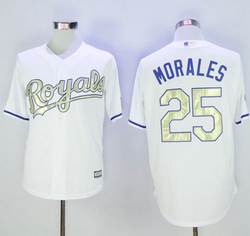 Royals #25 Kendrys Morales White New Cool Base 2015 World Series Champions Gold Program Stitched MLB Jersey