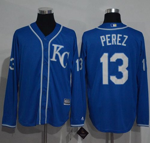 Royals #13 Salvador Perez Blue New Cool Base Long Sleeve Stitched MLB Jersey