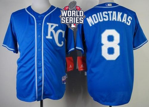 Royals #8 Mike Moustakas Blue Alternate 2 Cool Base W/2015 World Series Patch Stitched MLB Jersey