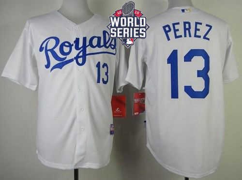 Royals #13 Salvador Perez White Cool Base W/2015 World Series Patch Stitched MLB Jersey