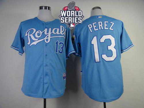 Royals #13 Salvador Perez Light Blue Cool Base W/2015 World Series Patch Stitched MLB Jersey