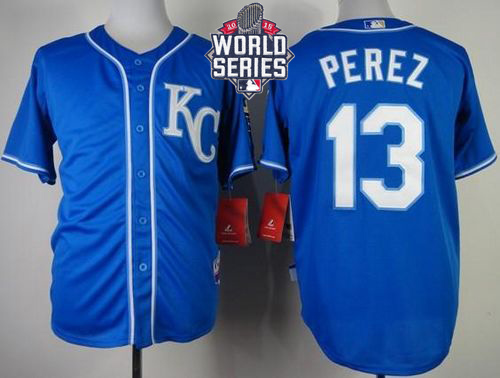 Royals #13 Salvador Perez Blue Alternate 2 Cool Base W/2015 World Series Patch Stitched MLB Jersey