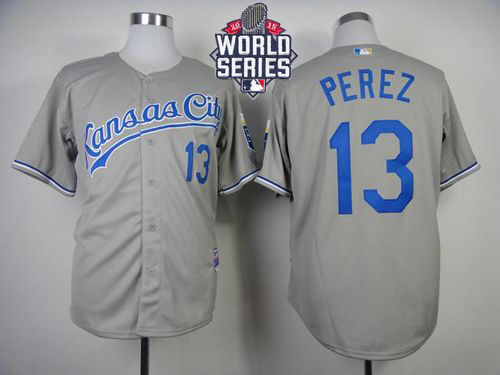 Royals #13 Salvador Perez Grey Cool Base W/2015 World Series Patch Stitched MLB Jersey