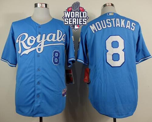 Royals #8 Mike Moustakas Light Blue Alternate 1 Cool Base W/2015 World Series Patch Stitched MLB Jersey