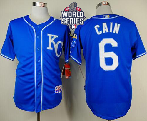 Royals #6 Lorenzo Cain Light Blue Alternate 2 Cool Base W/2015 World Series Patch Stitched MLB Jersey