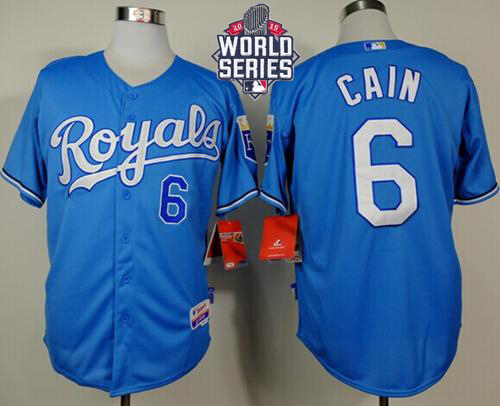 Royals #6 Lorenzo Cain Light Blue Alternate Cool Base W/2015 World Series Patch Stitched MLB Jersey