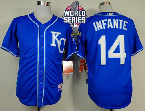 Royals #14 Omar Infante Light Blue Alternate 2 Cool Base W/2015 World Series Patch Stitched MLB Jersey