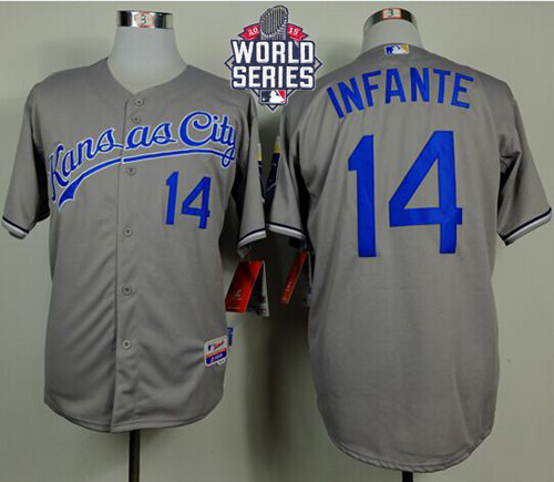 Royals #14 Omar Infante Grey Cool Base W/2015 World Series Patch Stitched MLB Jersey