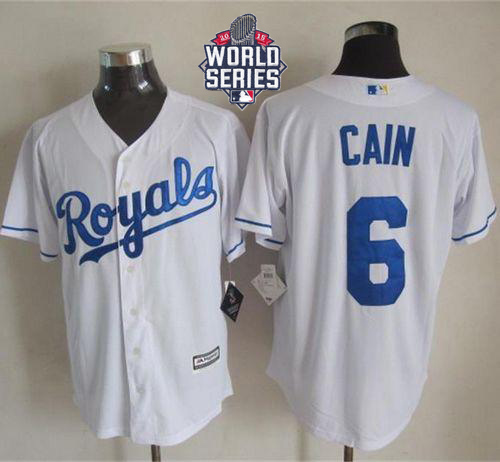 Royals #6 Lorenzo Cain White New Cool Base W/2015 World Series Patch Stitched MLB Jersey