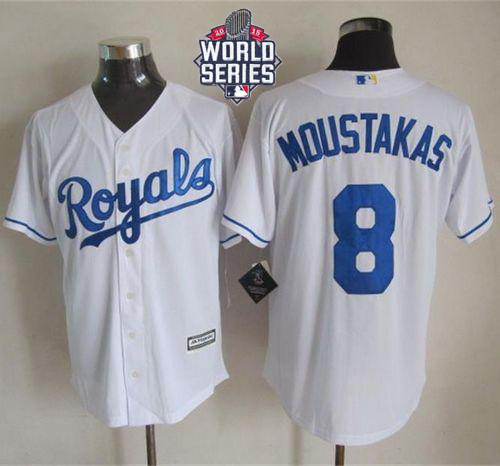 Royals #8 Mike Moustakas White New Cool Base W/2015 World Series Patch Stitched MLB Jersey