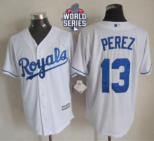 Royals #13 Salvador Perez White New Cool Base W/2015 World Series Patch Stitched MLB Jersey