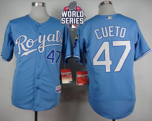 Royals #47 Johnny Cueto Light Blue Alternate 1 Cool Base W/2015 World Series Patch Stitched MLB Jersey