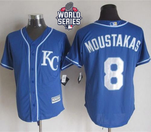 Royals #8 Mike Moustakas Blue Alternate 2 New Cool Base W/2015 World Series Patch Stitched MLB Jersey
