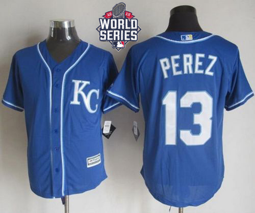 Royals #13 Salvador Perez Blue Alternate 2 New Cool Base W/2015 World Series Patch Stitched MLB Jersey
