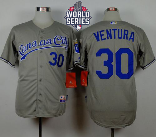Royals #30 Yordano Ventura Grey Road Cool Base W/2015 World Series Patch Stitched MLB Jersey