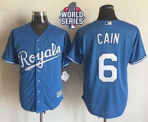 Royals #6 Lorenzo Cain Light Blue Alternate 1 New Cool Base W/2015 World Series Patch Stitched MLB Jersey