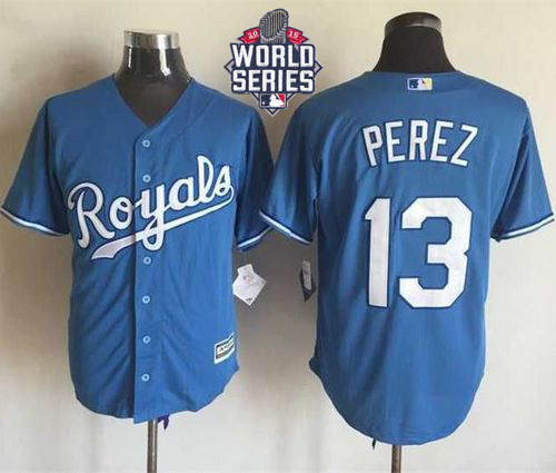 Royals #13 Salvador Perez Light Blue Alternate 1 New Cool Base W/2015 World Series Patch Stitched MLB Jersey