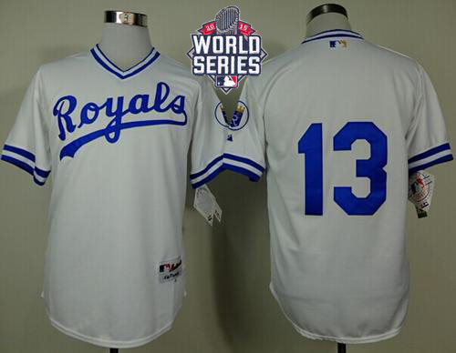 Royals #13 Salvador Perez White 1974 Turn Back The Clock W/2015 World Series Patch Stitched MLB Jersey