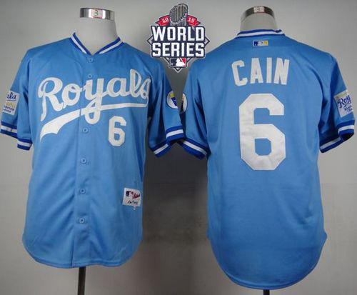Royals #6 Lorenzo Cain Light Blue 1985 Turn Back The Clock W/2015 World Series Patch Stitched MLB Jersey
