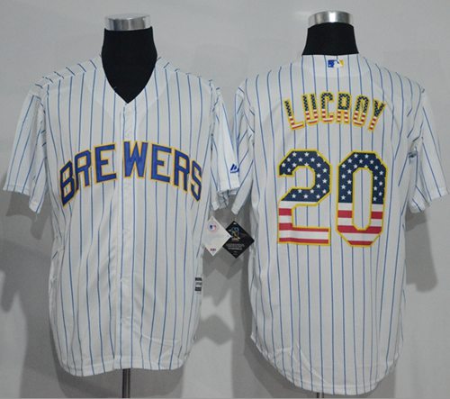 Brewers #20 Jonathan Lucroy White(Blue Strip) USA Flag Fashion Stitched MLB Jersey