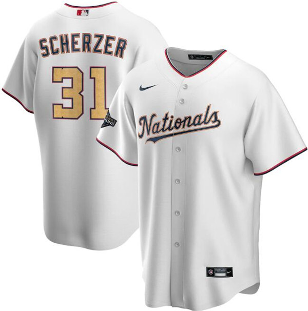 Men's Washington Nationals White #31 Max Scherzer 2020 Gold Program Stitched Championship MLB Jersey