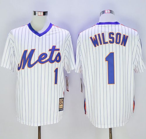 Mitchell and Ness Mets #1 Mookie Wilson Stitched White Blue Strip Throwback MLB Jersey