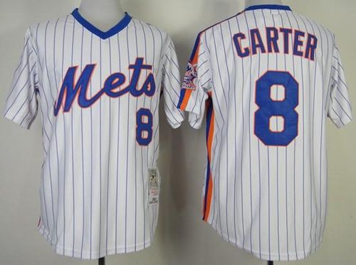 Mitchell and Ness Mets #8 Gary Carter Stitched White Blue Strip Throwback MLB Jersey