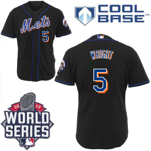 Mets #5 David Wright Black W/2015 World Series Patch Stitched MLB Jersey