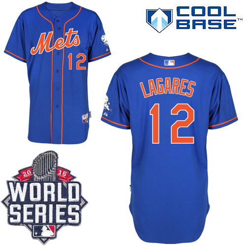 Mets #12 Juan Lagares Blue Alternate Home Cool Base W/2015 World Series Patch Stitched MLB Jersey