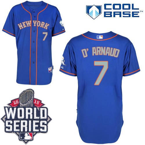 Mets #7 Travis d'Arnaud Blue(Grey NO.) Alternate Road Cool Base W/2015 World Series Patch Stitched MLB Jersey