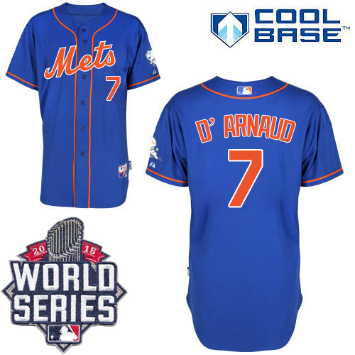Mets #7 Travis d'Arnaud Blue Alternate Home Cool Base W/2015 World Series Patch Stitched MLB Jersey
