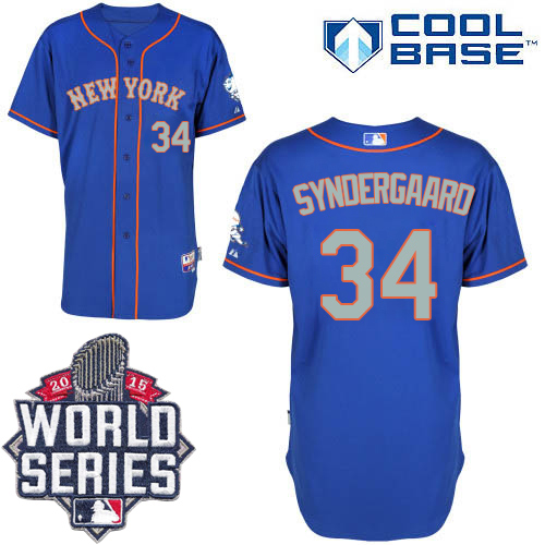 Mets #34 Noah Syndergaard Blue(Grey NO.) Alternate Road Cool Base W/2015 World Series Patch Stitched MLB Jersey