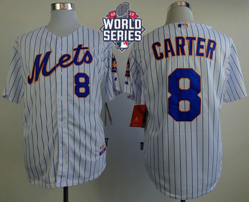 Mets #8 Gary Carter White(Blue Strip) Home Cool Base W/2015 World Series Patch Stitched MLB Jersey