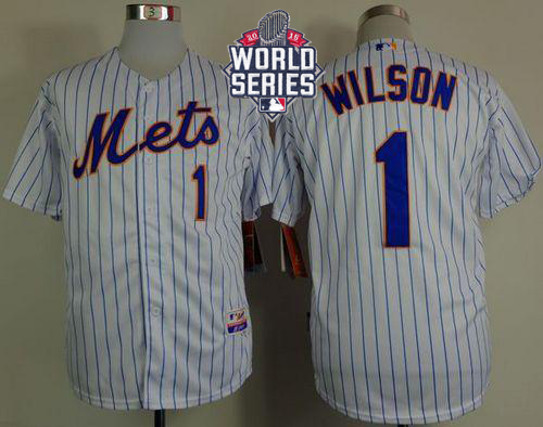 Mets #1 Mookie Wilson White(Blue Strip) Home Cool Base W/2015 World Series Patch Stitched MLB Jersey