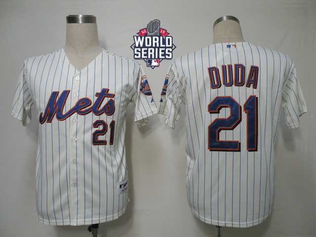 Mets #21 Lucas Duda Cream Blue Strip Alternate Cool Base W/2015 World Series Patch Stitched MLB Jersey
