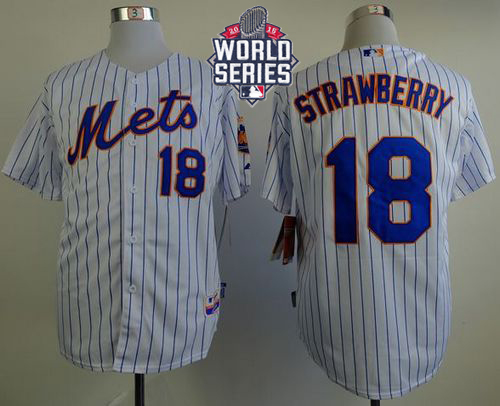 Mets #18 Darryl Strawberry White(Blue Strip) Home Cool Base W/2015 World Series Patch Stitched MLB Jersey