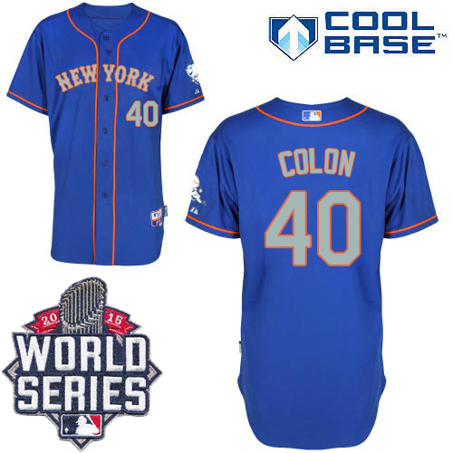 Mets #40 Bartolo Colon Blue(Grey NO.) Alternate Road Cool Base W/2015 World Series Patch Stitched MLB Jersey