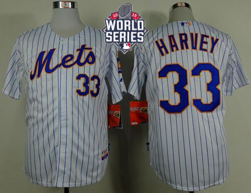 Mets #33 Matt Harvey White(Blue Strip) Home Cool Base W/2015 World Series Patch Stitched MLB Jersey