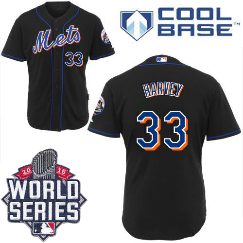 Mets #33 Matt Harvey Black Alternate Cool Base W/2015 World Series Patch Stitched MLB Jersey