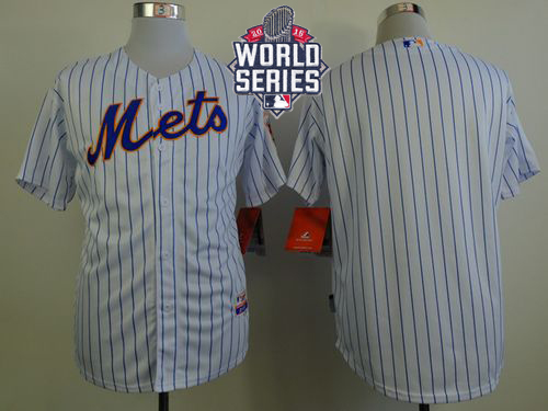 Mets Blank White(Blue Strip) Home Cool Base W/2015 World Series Patch Stitched MLB Jersey