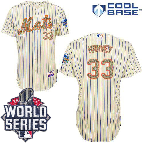 Mets #33 Matt Harvey Cream(Blue Strip) USMC Cool Base W/2015 World Series Patch Stitched MLB Jersey